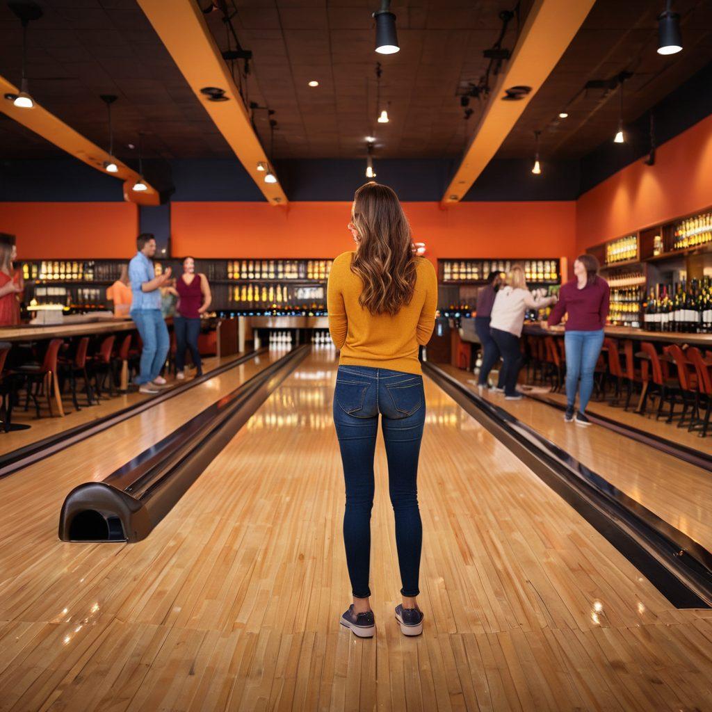 A lively bowling alley scene with friends enjoying a night out, glasses of wine in hand, paired with gourmet snacks on a vibrant bowling lane. Soft lighting creates a warm atmosphere, showcasing colorful wine bottles arranged stylishly in the background. Laughter and joy radiate from the group, emphasizing the perfect blend of bowling and wine. super-realistic. vibrant colors. intimate setting.