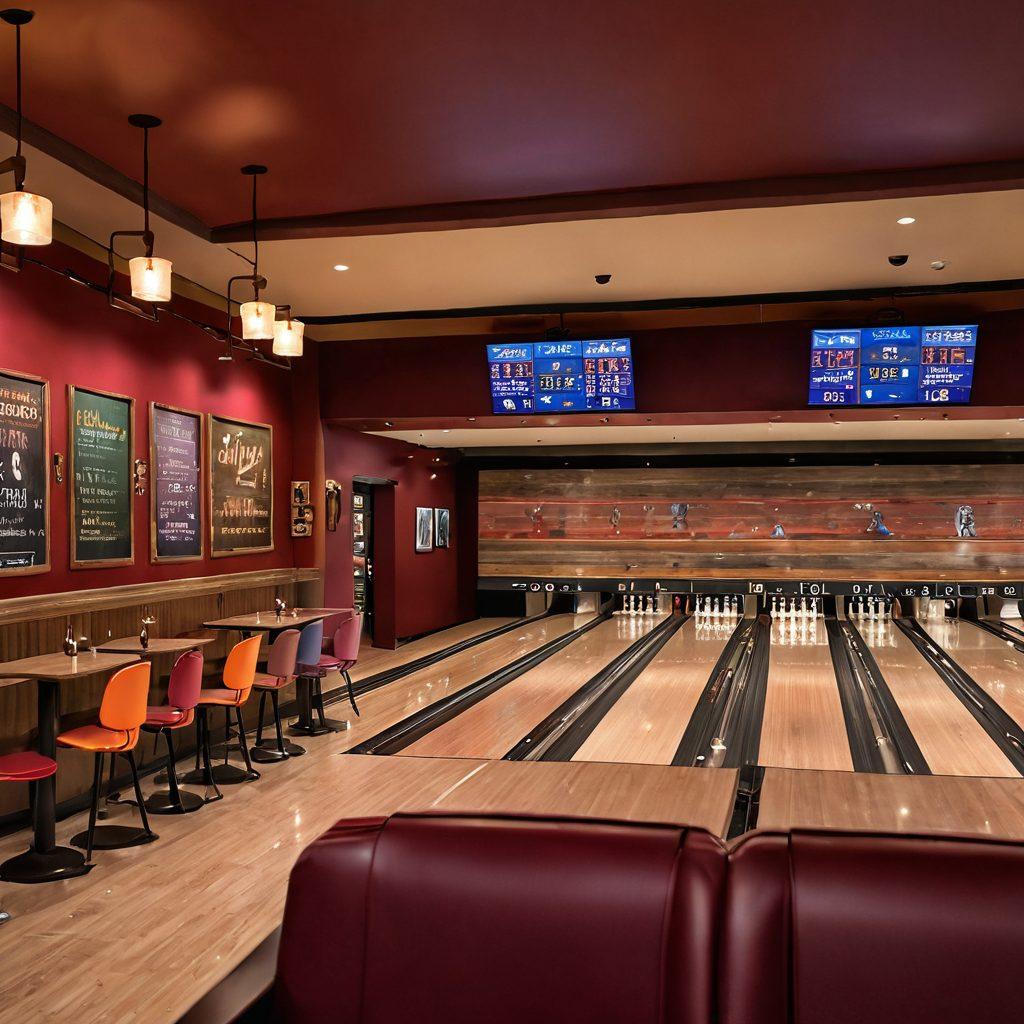 A cozy bowling alley decorated with wine bottles and glasses, where bowlers enjoy sipping wine while playing. The scene features a cheerful group of friends in colorful bowling shirts, raising their glasses in a toast beside the lanes. Ambient lighting adds warmth, with a vintage scoreboard in the background displaying scores. Elements of elegance mixed with the fun of bowling create a vibrant mood. super-realistic. warm colors. festive atmosphere.